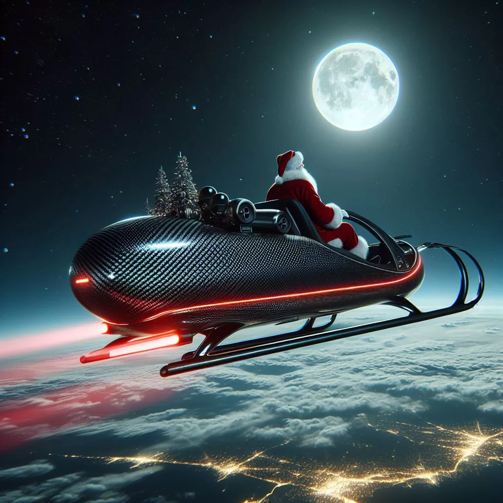 Santa flying off on a carbon fibre sled