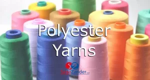 dyed polyester yarn cones with text saying "polyester yarns" overlaid with the SageZander logo
