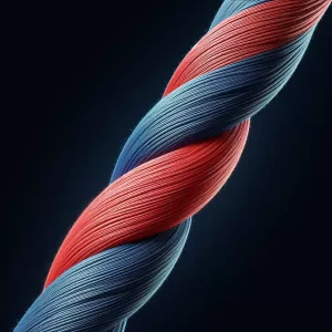 twisted/plied yarn in blue and red colours set against a black background