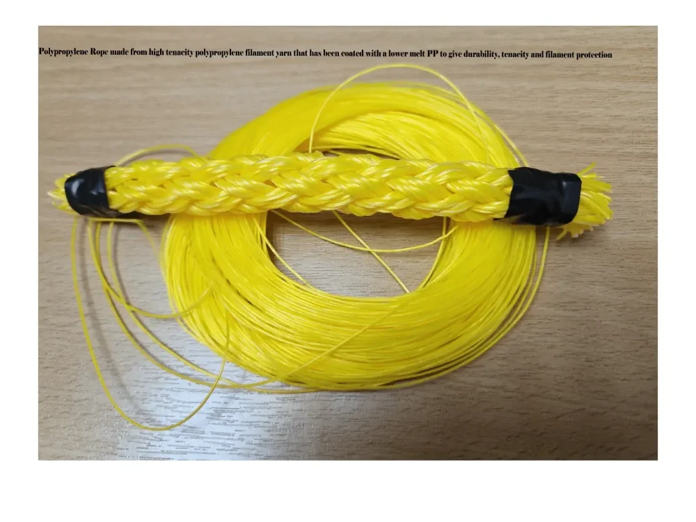 An example of the Polypropylene PP coating applied to the PP filament yarn both in yarn form and also as a braided rope. The rope will float and the filaments in the core are better protected giving a longer lasting product