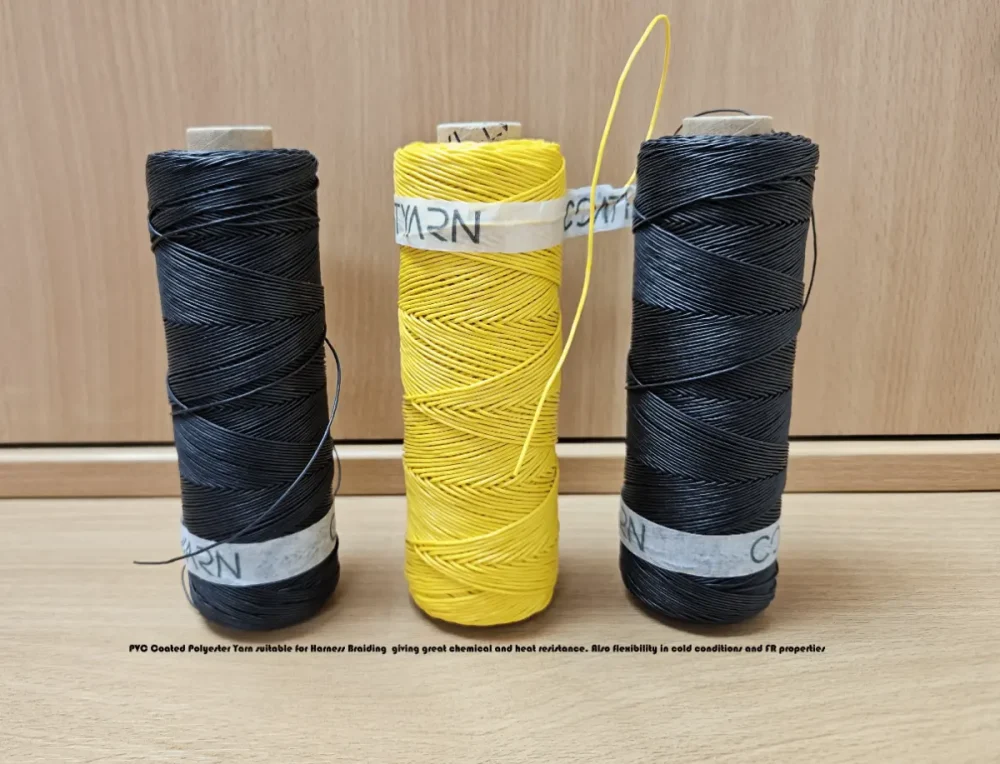 PVC Coated Polyester supplied on braider bobbins suitable for applications on earthmovers, agricultural machinery, automotive and other demanding applications
